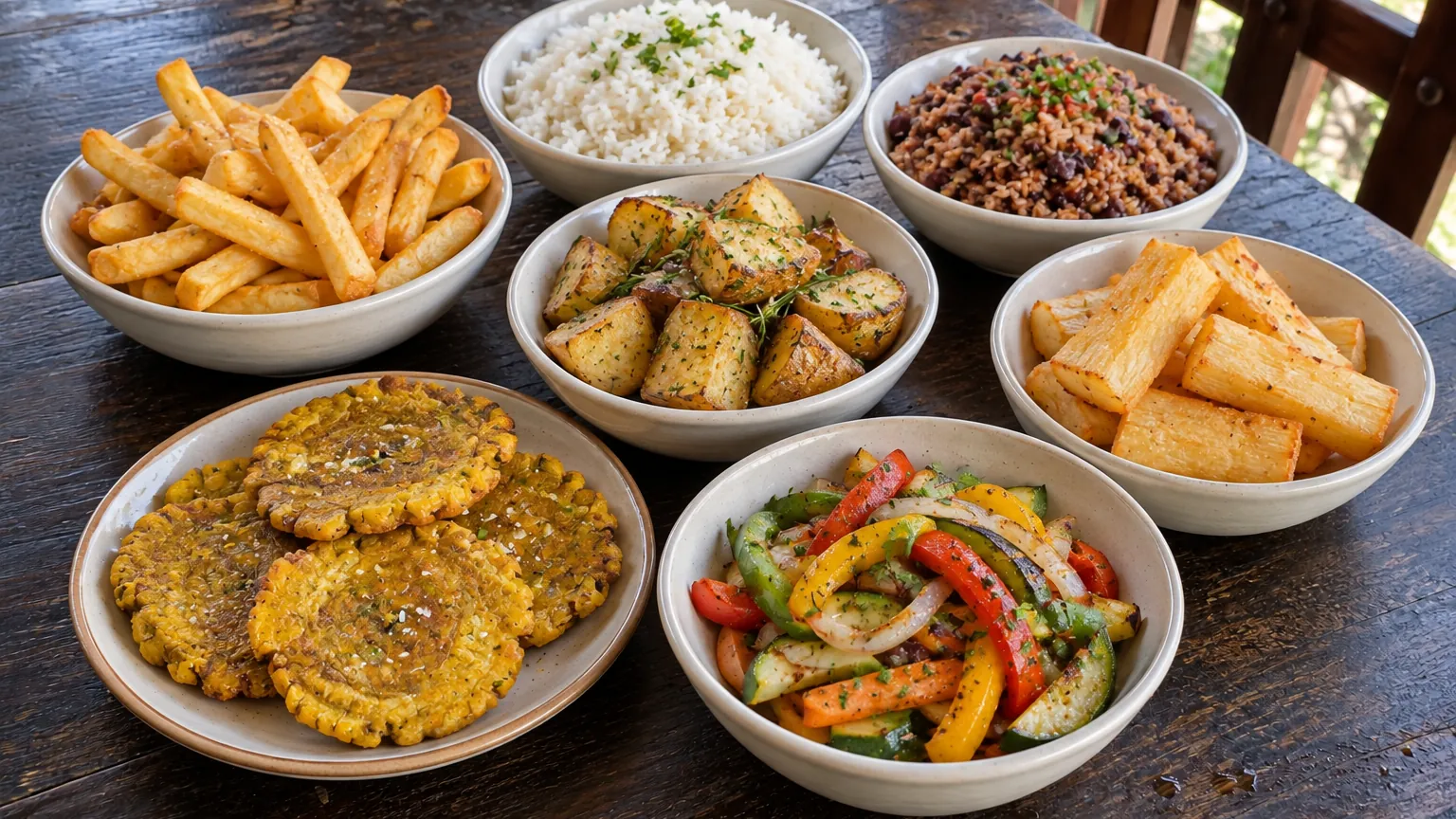 Acompañamientos en tazones: papas fritas, papas rústicas, yuca frita, patacones, arroz, rice and beans y vegetales salteados