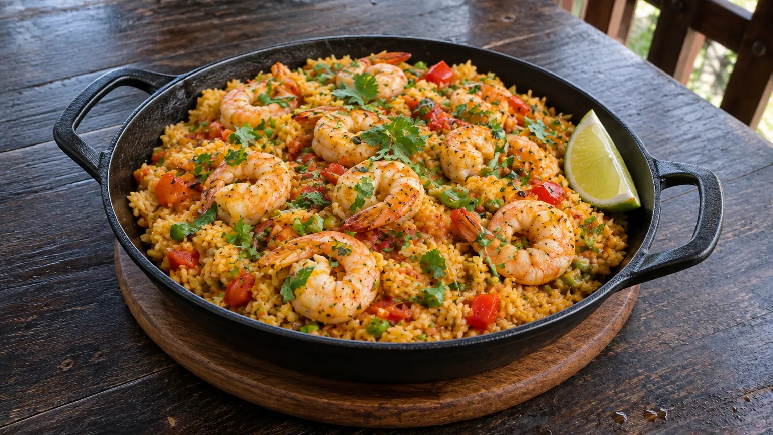 Arroz con camarones en sartén de hierro, con culantro y limón