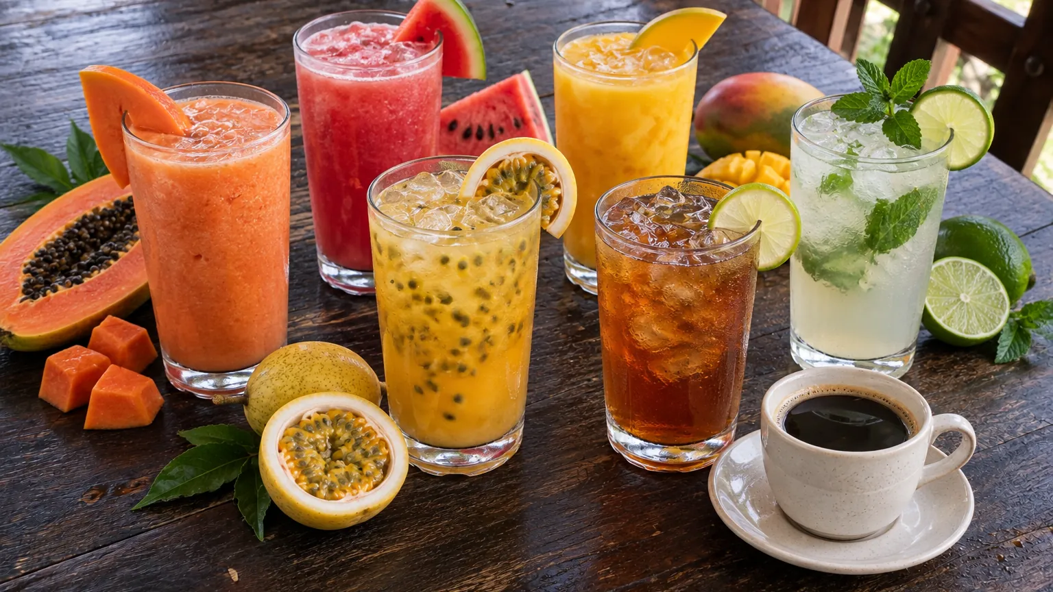 Bebidas naturales de papaya, sandía, maracuyá y mango, limonada con hierbabuena, té frío y café
