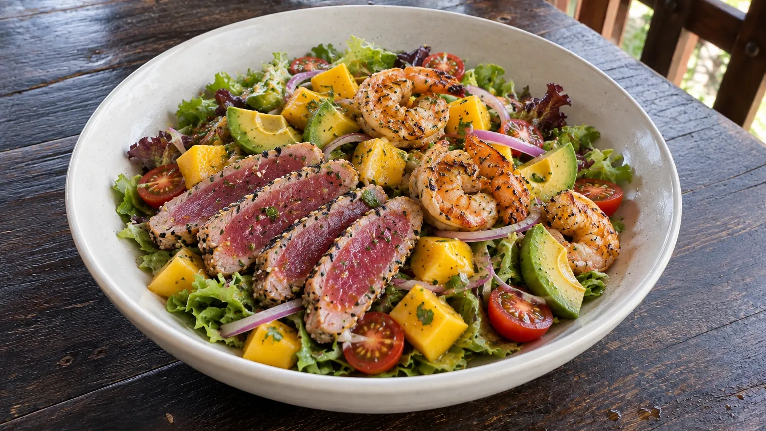 Ensalada con camarones, atún sellado, aguacate y mango