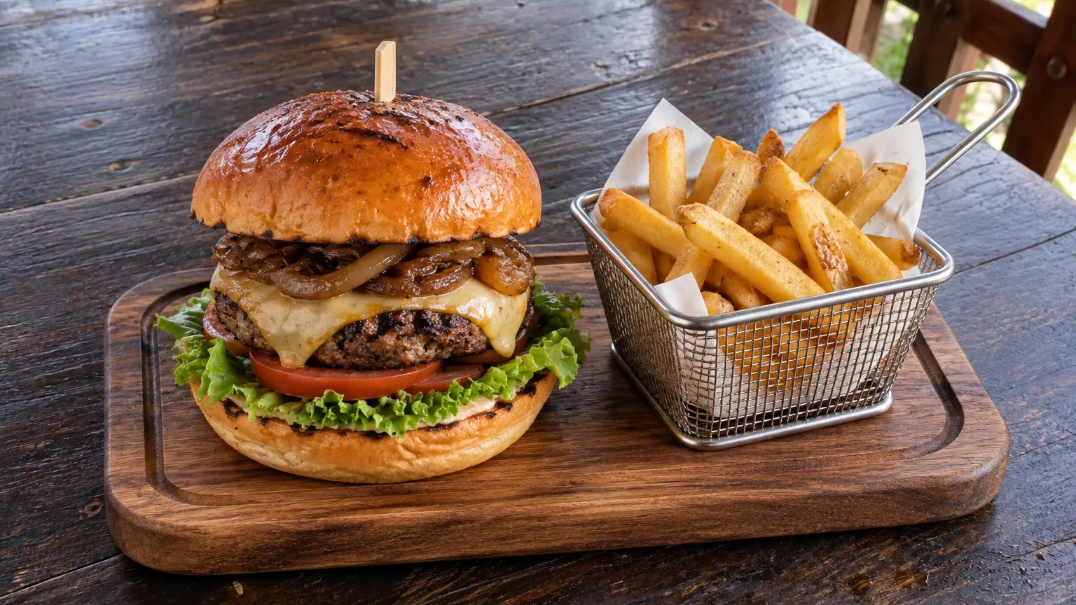 Hamburguesa de res con queso y cebolla caramelizada en tabla, con papas fritas