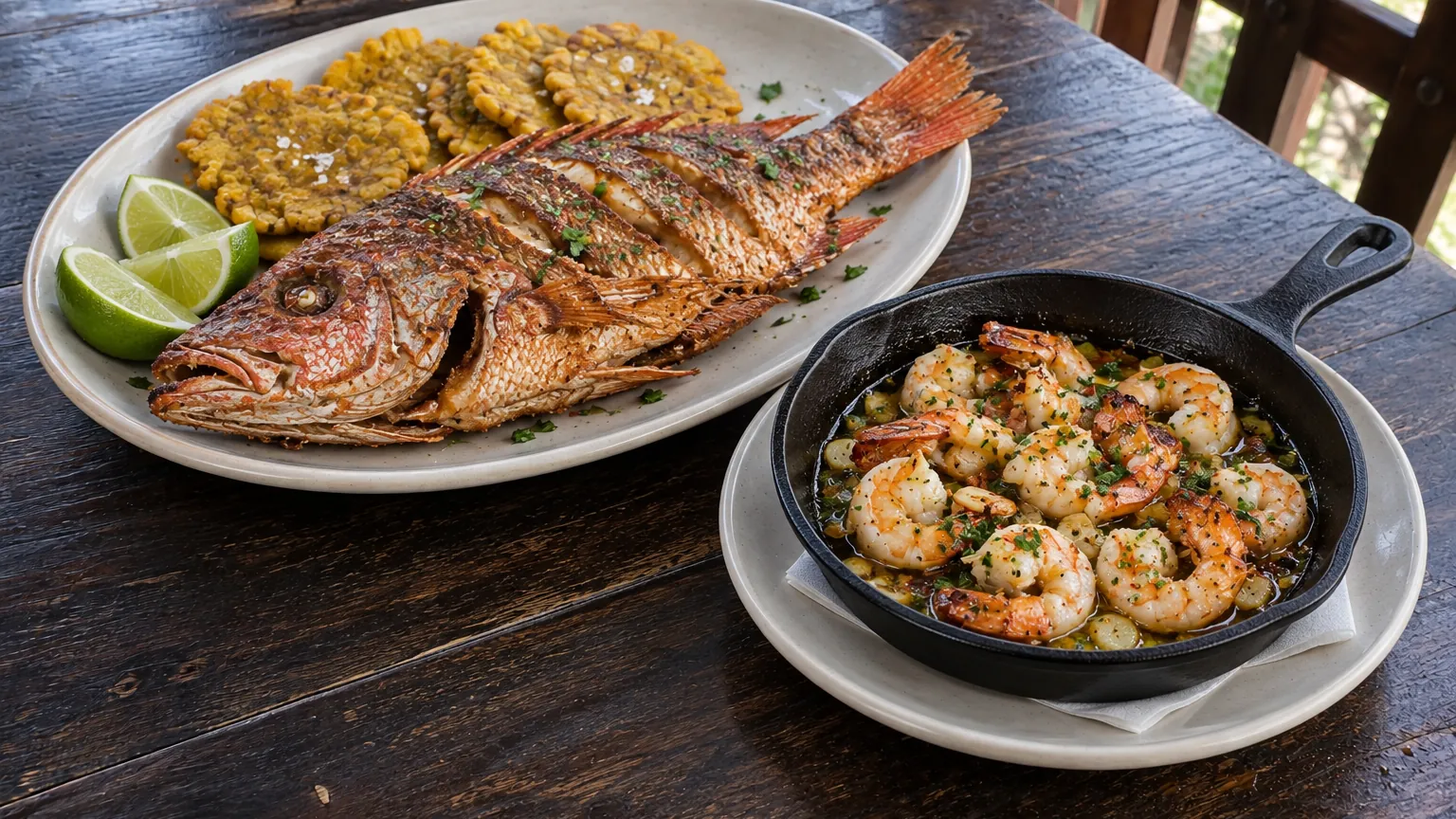 Pargo rojo frito entero con patacones y limón, y camarones al ajillo en sartén