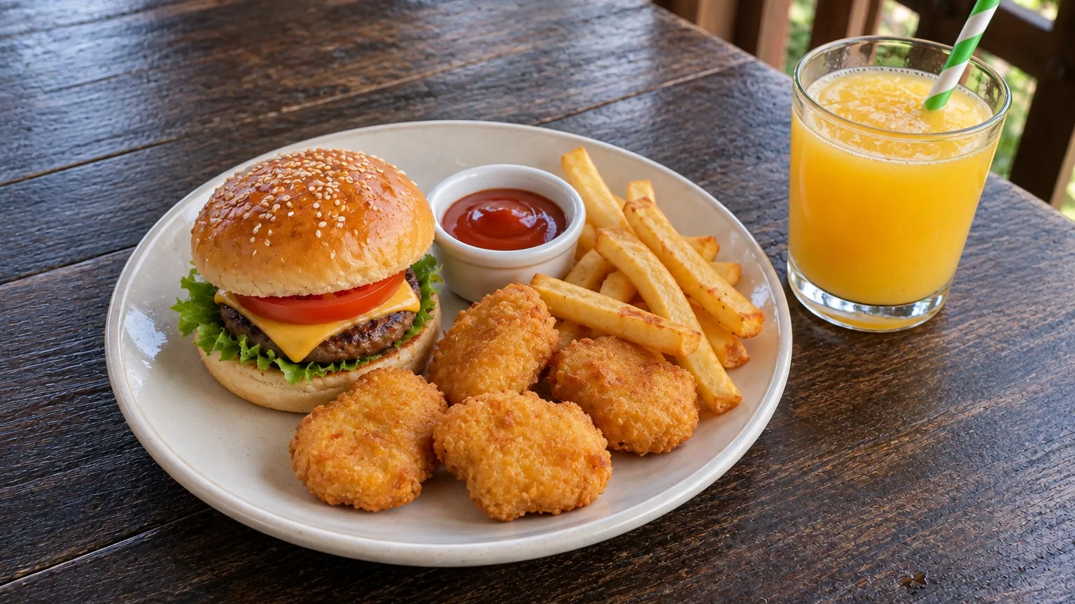 Plato para niños: mini hamburguesa, nuggets de pollo, papas fritas y un jugo