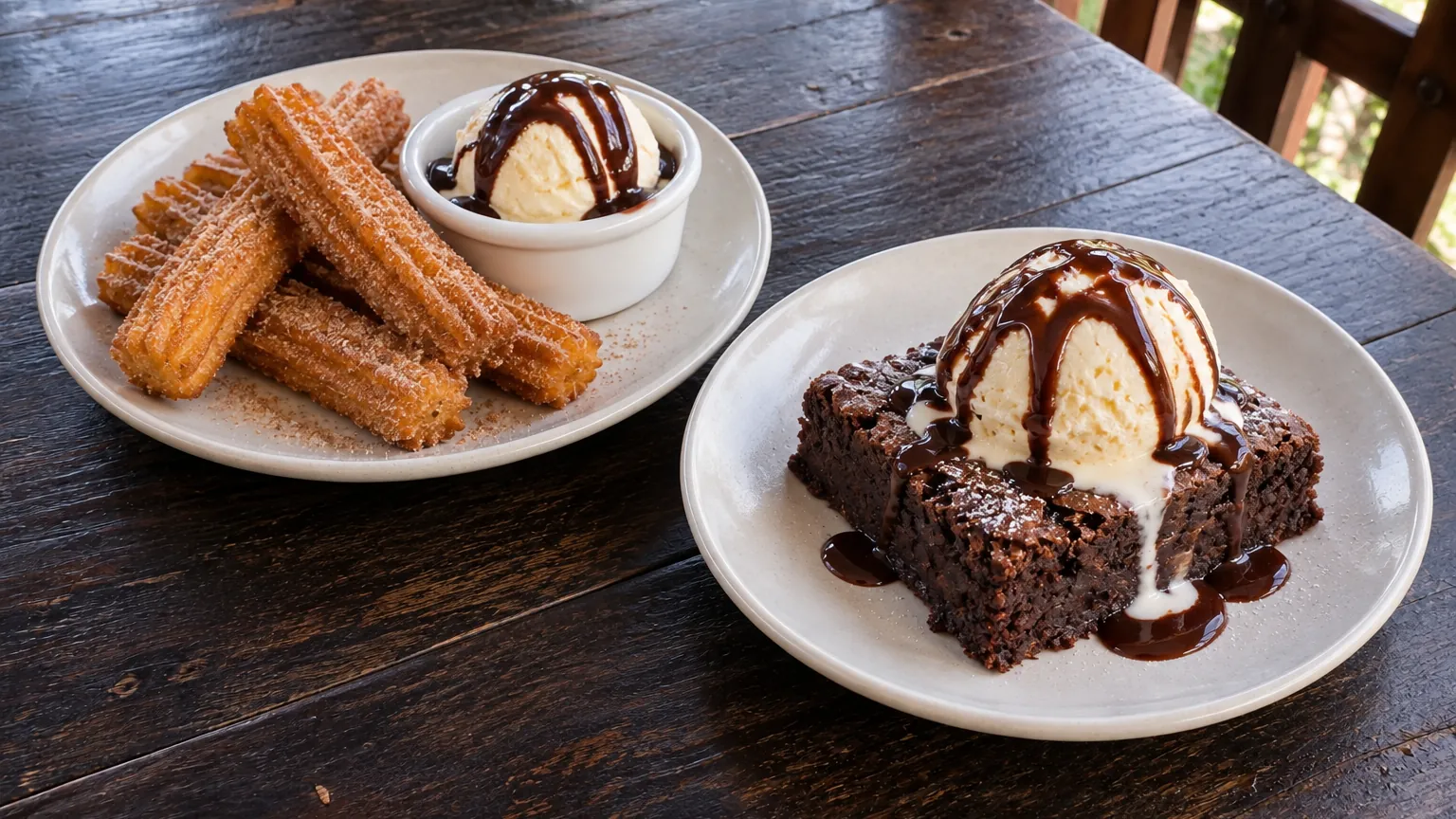 Churros con helado y salsa de chocolate, y brownie caliente con helado de vainilla