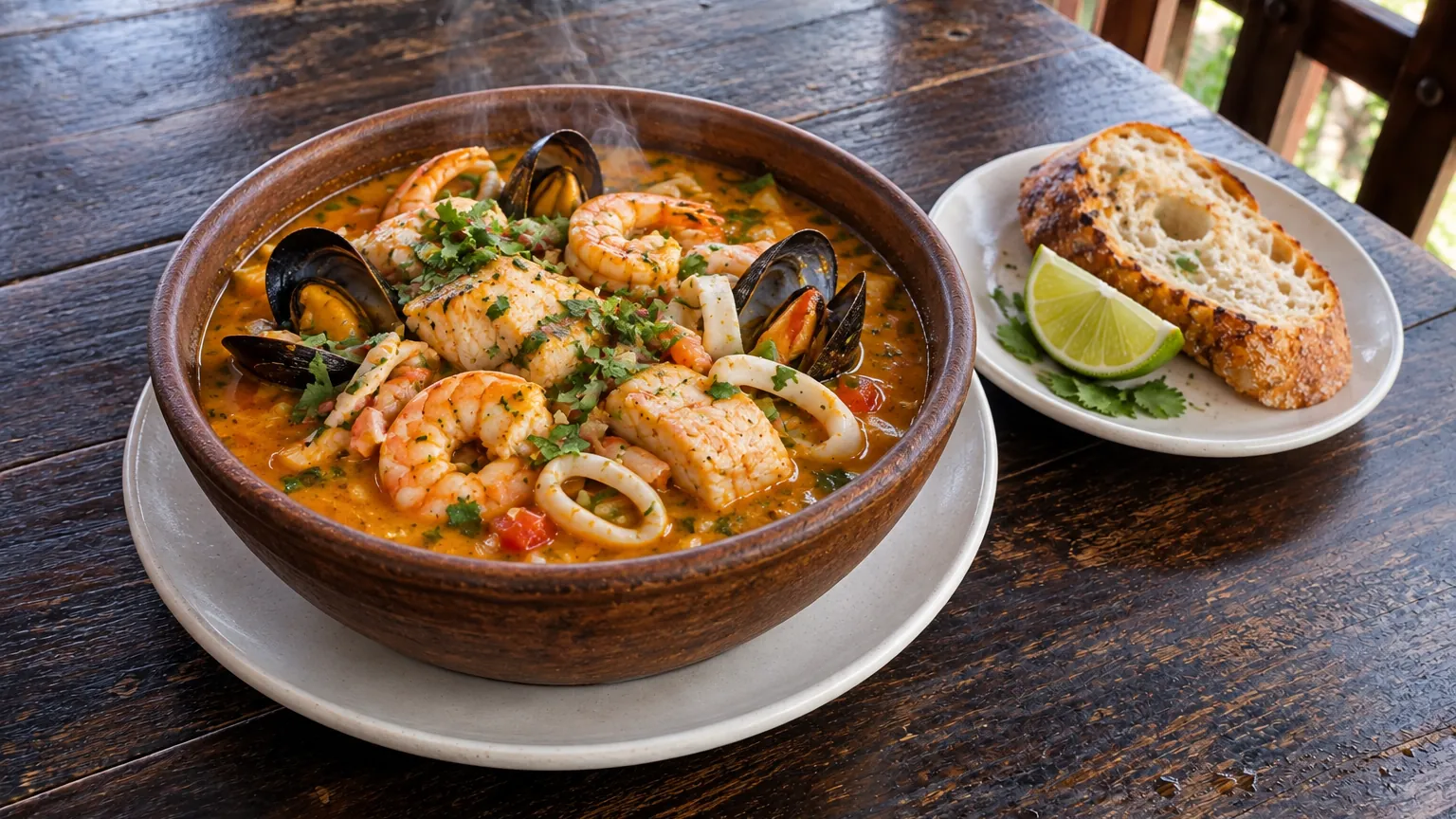 Sopa de mariscos con pescado, camarones, calamares y mejillones, con pan y limón